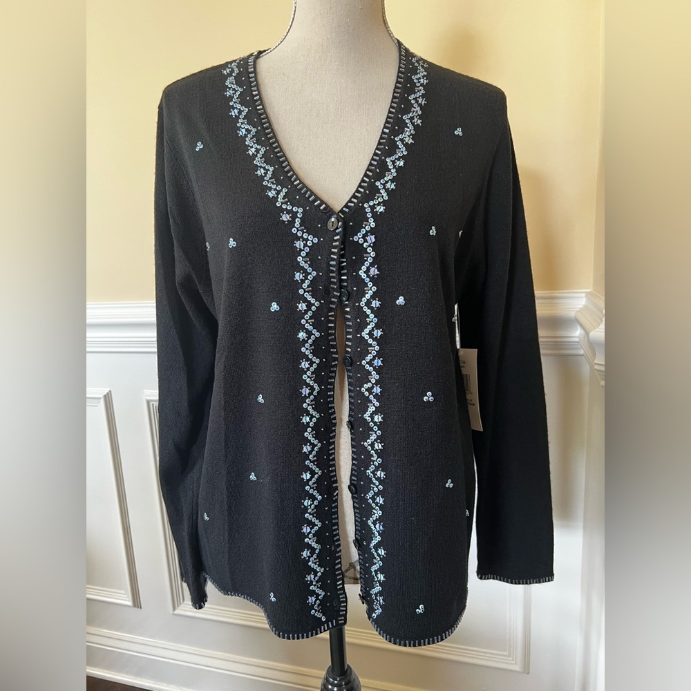 Black, Knit-Bugle Beads & Sequins Embroidered Button Front Long Sleeve Cardigan.